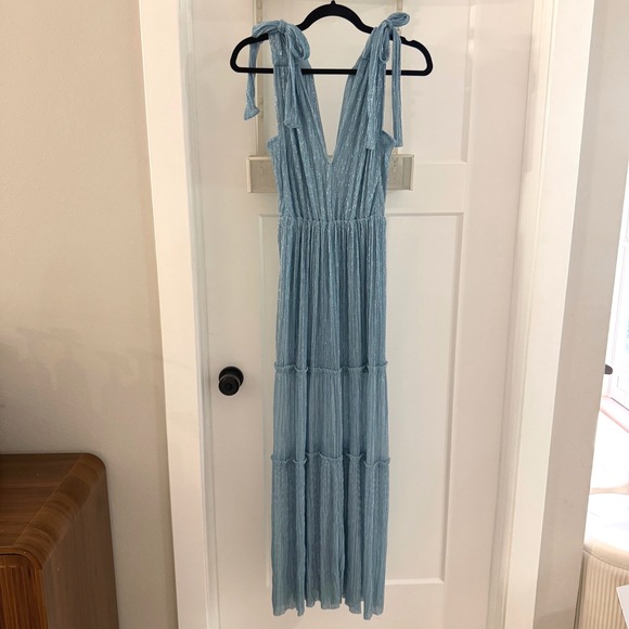 Sabina Musayev Dresses & Skirts - Sabina Musayev Helena Dress Light Blue Metallic Maxi Gown XS Tie Shoulder